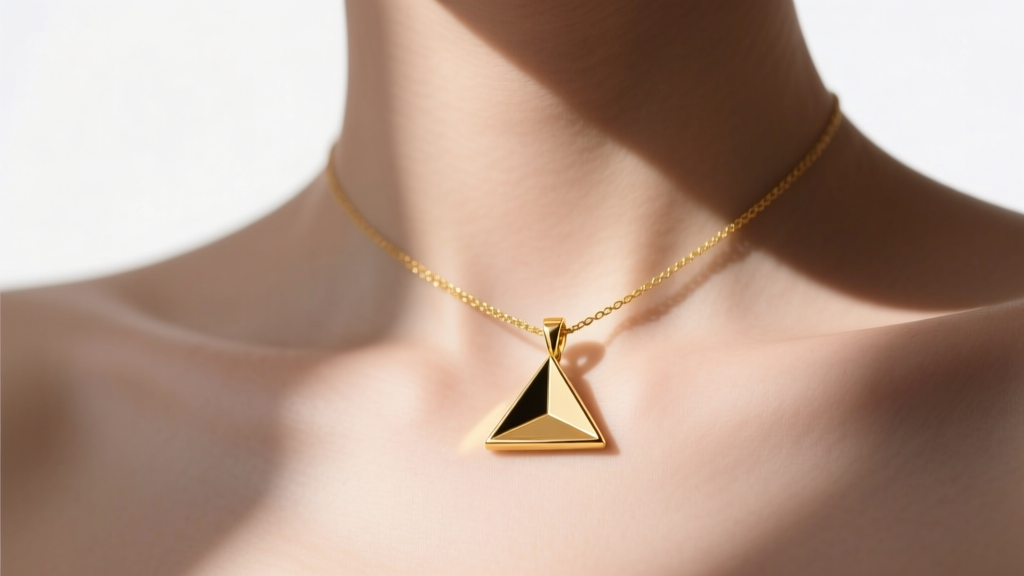 Minimalist 14k solid gold triangle pendant resting on a collarbone, pointing upwards, illuminated by soft natural window light