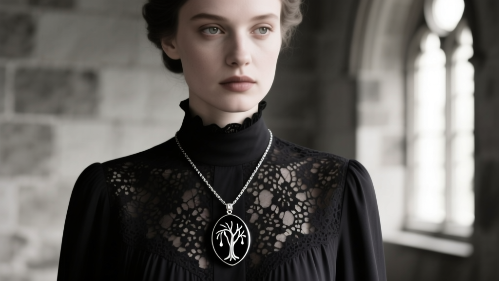 Modern neo-Victorian mourning pendant with black enamel and weeping willow motif, worn over a high-neck dark lace blouse