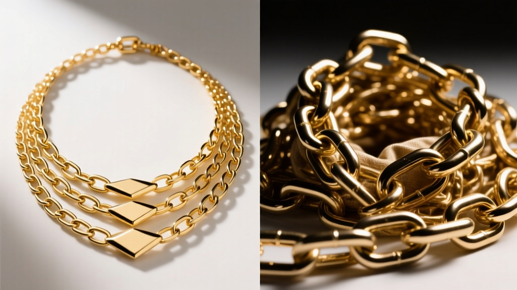 Split-screen of a pristine layered gold necklace on the left and a heavily tangled chain mess on the right, studio lit