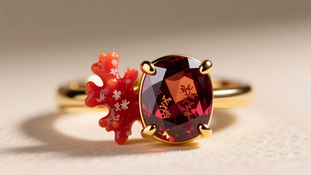 Macro photo of red coral and hessonite in 22k gold prongs, revealing natural inclusions, vibrant color, and polished metal.