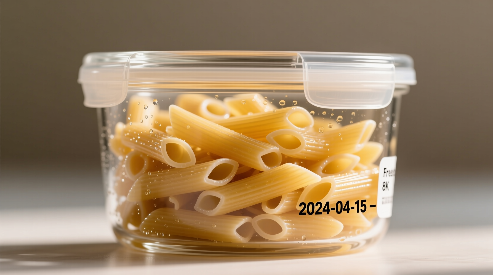 Cooked pasta in airtight glass container with freshness date
