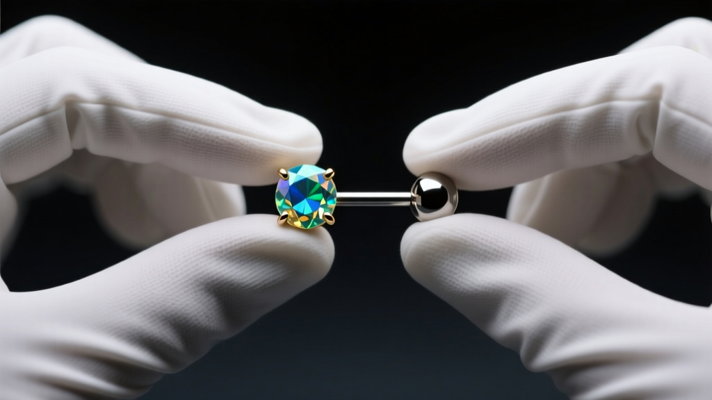 Gloved hands holding a 16-gauge threadless titanium labret stud with a prong-set opal gemstone against a dark clinical background.