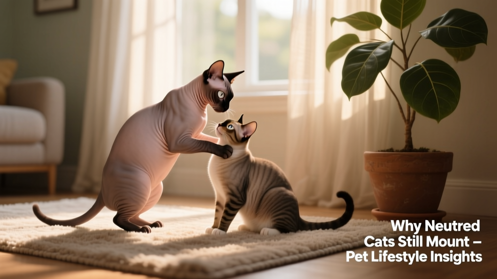 Neutered male cat gently mounting another cat in a calm indoor setting