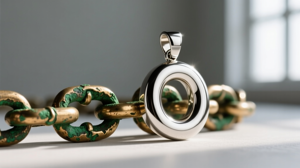 Macro shot of a tarnished brass chain with green residue beside a pristine, high-polish hypoallergenic niobium pendant.