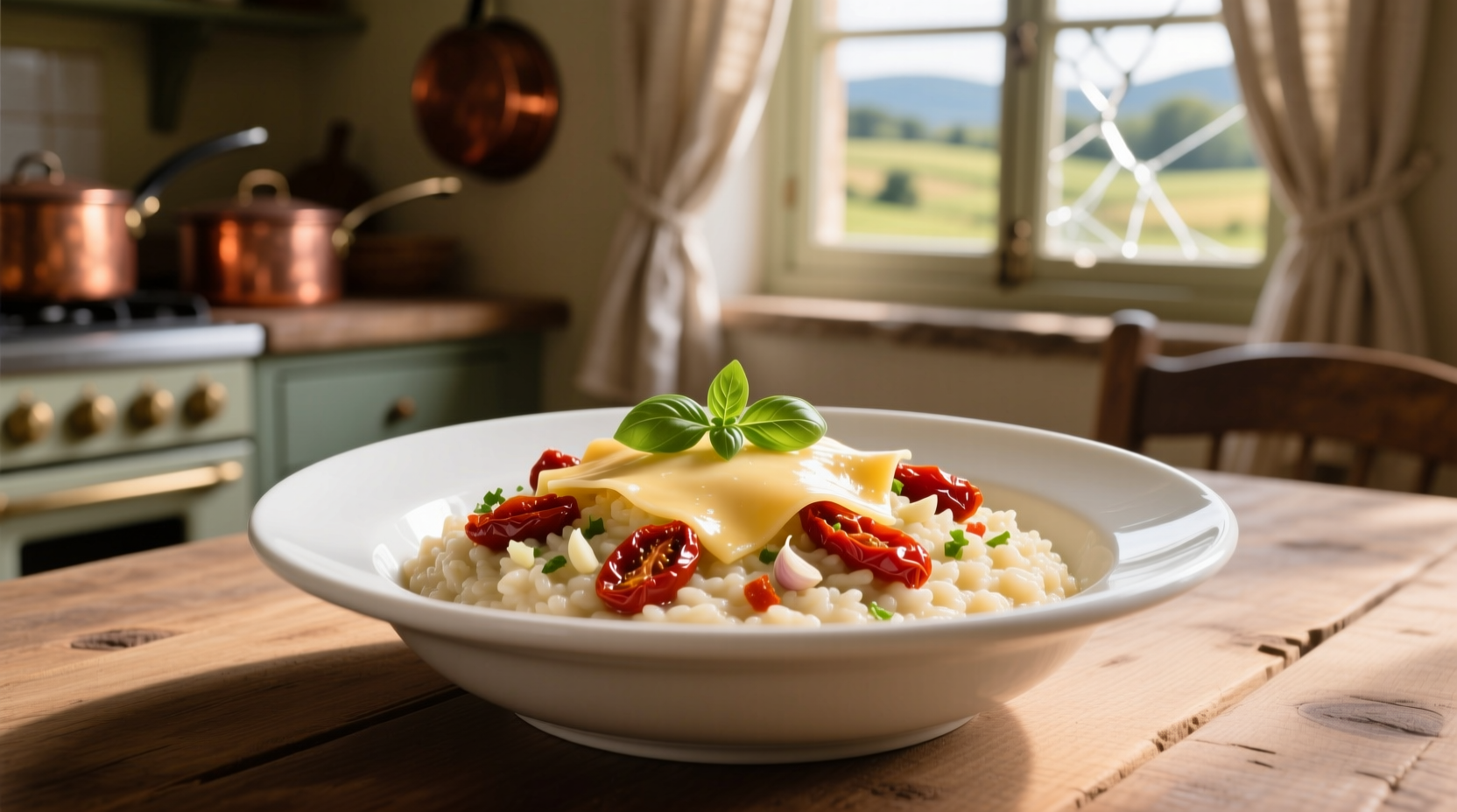 Creamy sun dried tomato risotto in white bowl