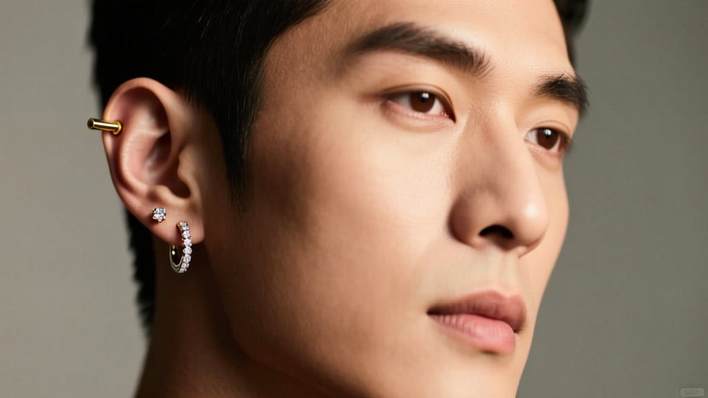 Stylish man with a curated ear, showing a 16-gauge gold threadless stud and diamond huggie hoop under soft, warm studio lighting.