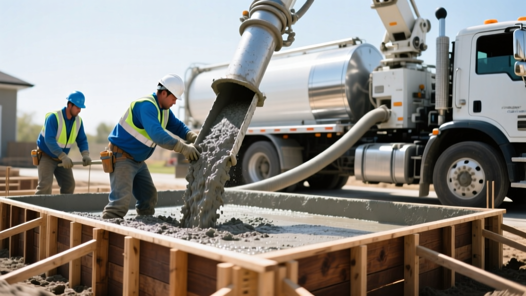 Workers pouring high-slump concrete mix from a pump truck into reinforced wooden forms for a residential foundation footing in daylight