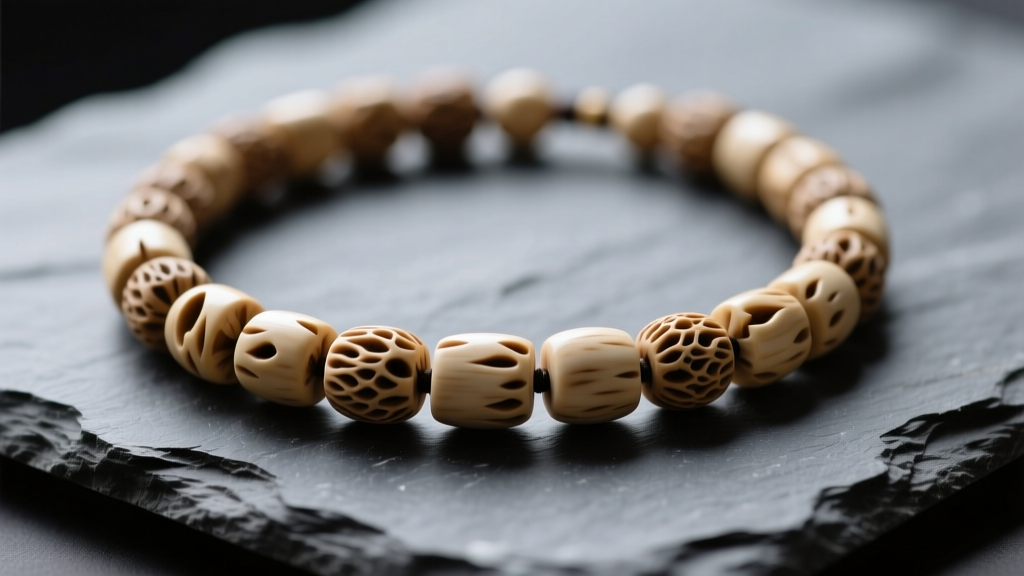 Close-up of a hand-carved water buffalo bone beaded necklace on dark slate, highlighting natural pores and a matte, organic finish.