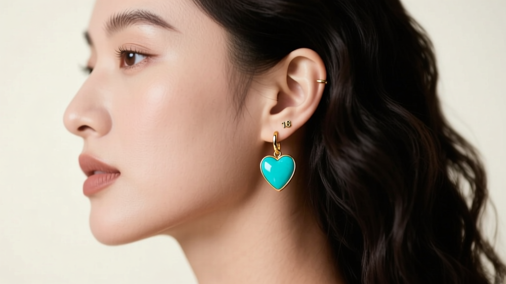 Side profile of a woman wearing an 18-gauge gold vermeil turquoise heart drop earring on her upper lobe in soft studio lighting.