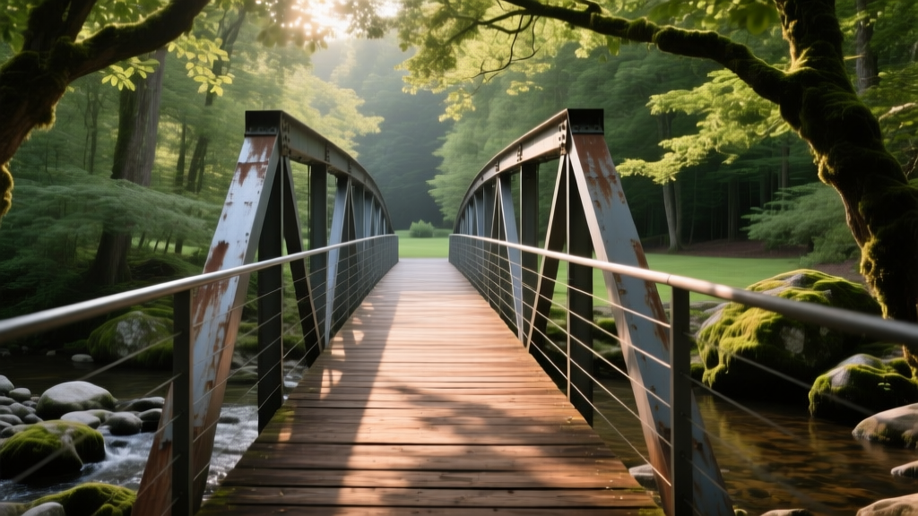 Weathered steel pedestrian bridge spanning a shallow rocky creek in a wooded yard, featuring timber decking and cable railings