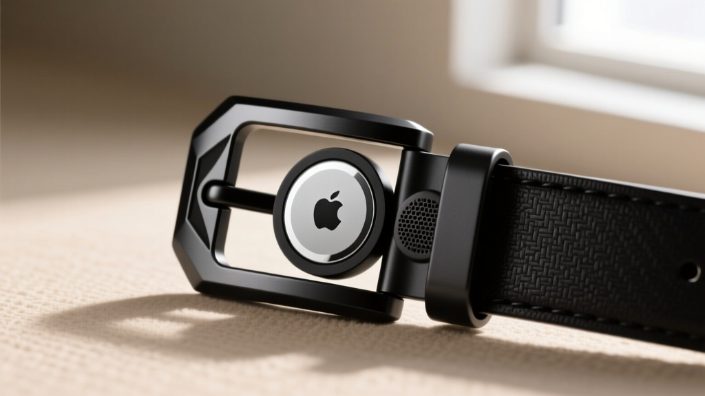 A stylish 3D-printed belt buckle concealing an Apple AirTag with its speaker bypassed, designed for discreet personal tracking and safety