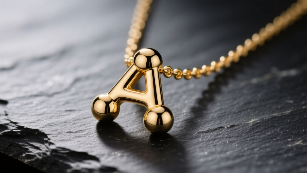 Macro shot of a 14k gold bubble letter monogram necklace on dark slate, highlighting the puffy 3D contours and high polish.