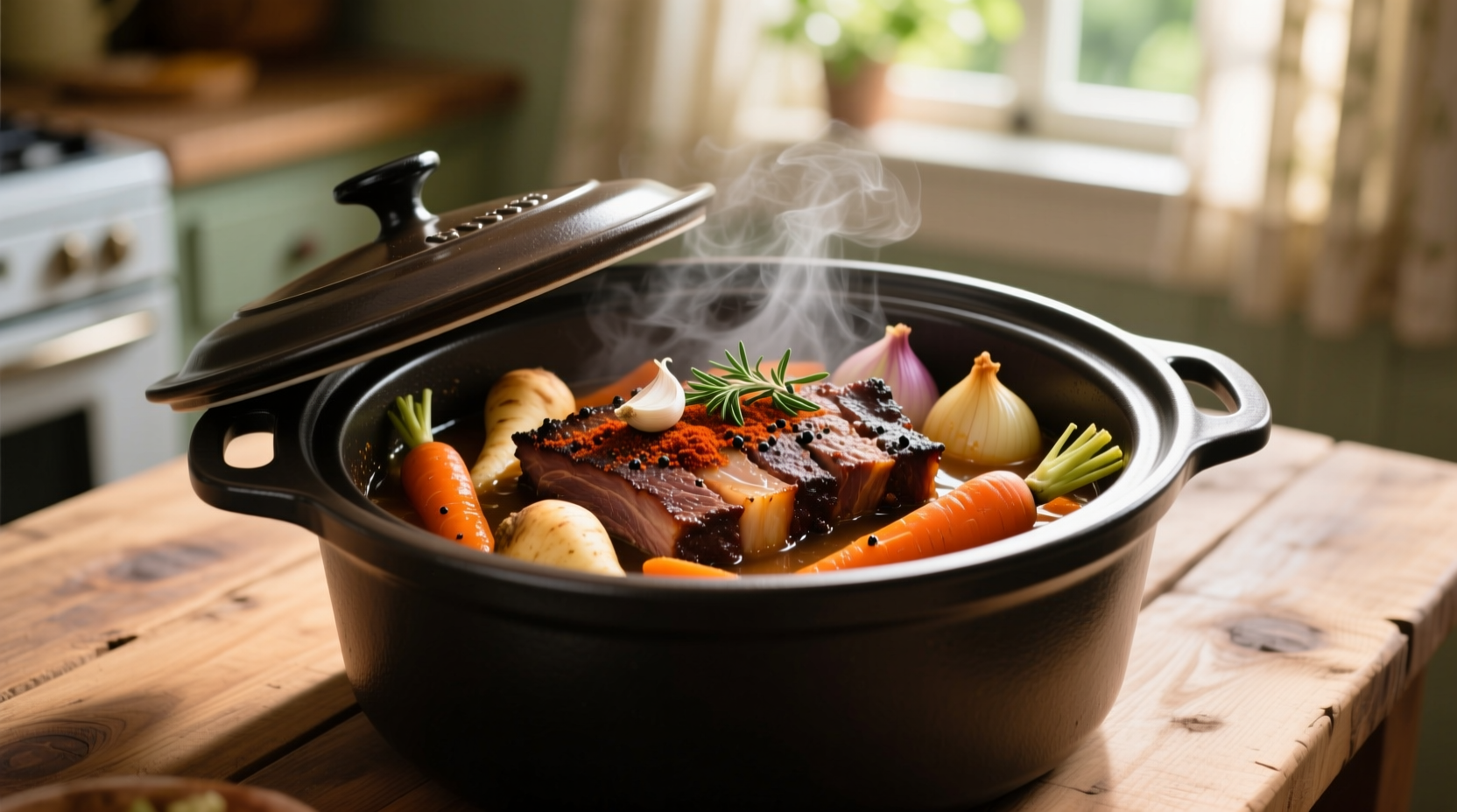 Slow cooker with seasoned brisket and vegetables