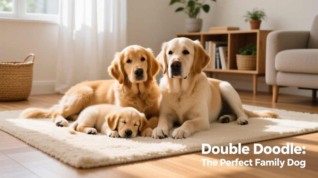 Belle as a young puppy napping alongside her Goldendoodle mom and Labradoodle dad in a cozy, sunlit room