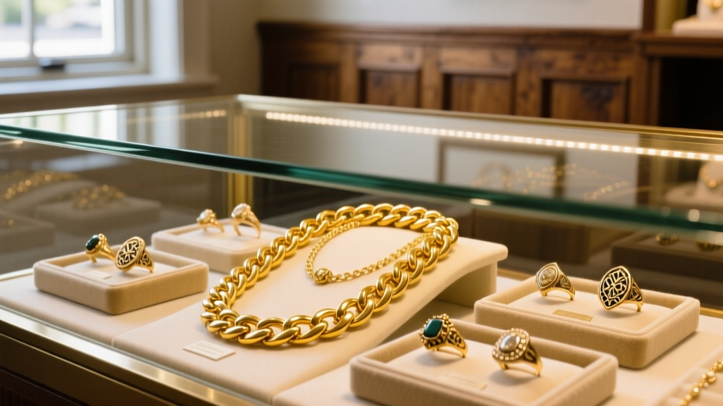 Wide shot of a brightly lit local jewelry store display case featuring thick 14k yellow gold Cuban link chains and vintage rings.