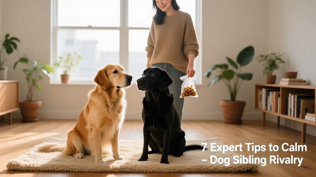 Two dogs sitting calmly side by side on a mat while owner holds treats in hand