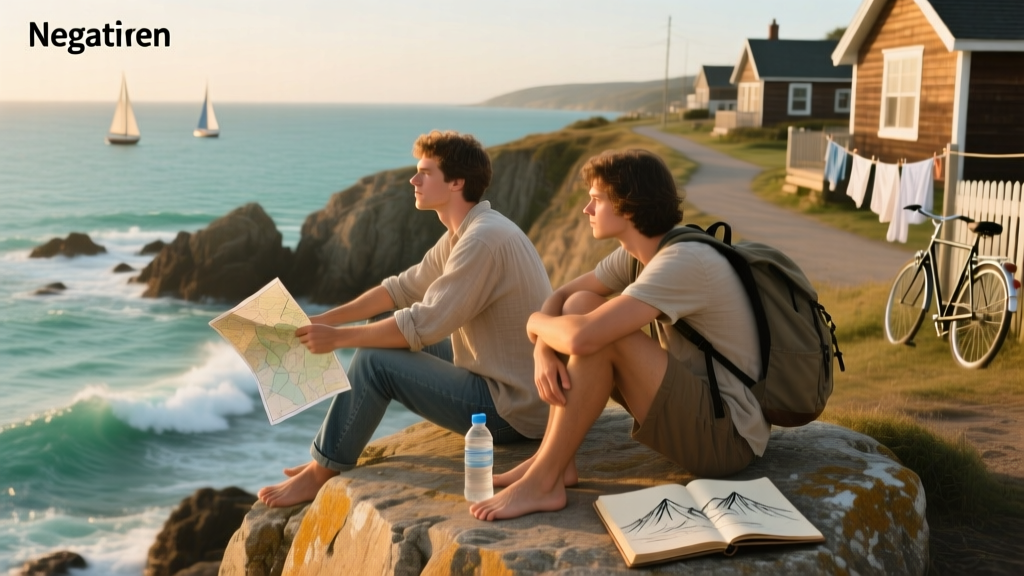 two travelers sitting on a rock near the ocean