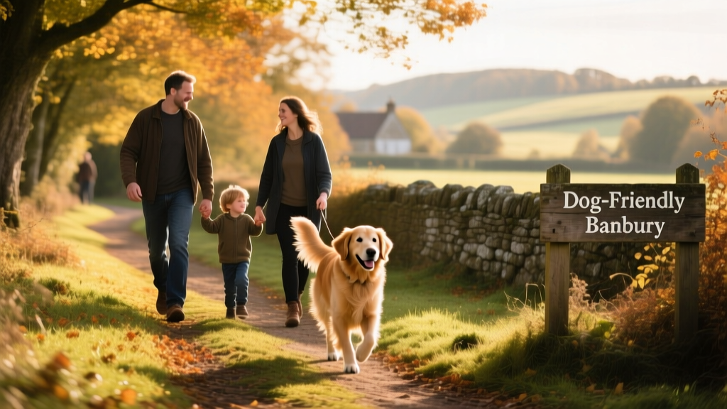 Pet parents and a dog walking along a scenic, tree-lined trail near Banbury.