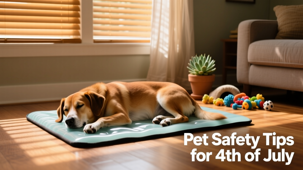 A calm dog resting indoors with closed blinds, soft lighting, and a cooling mat nearby
