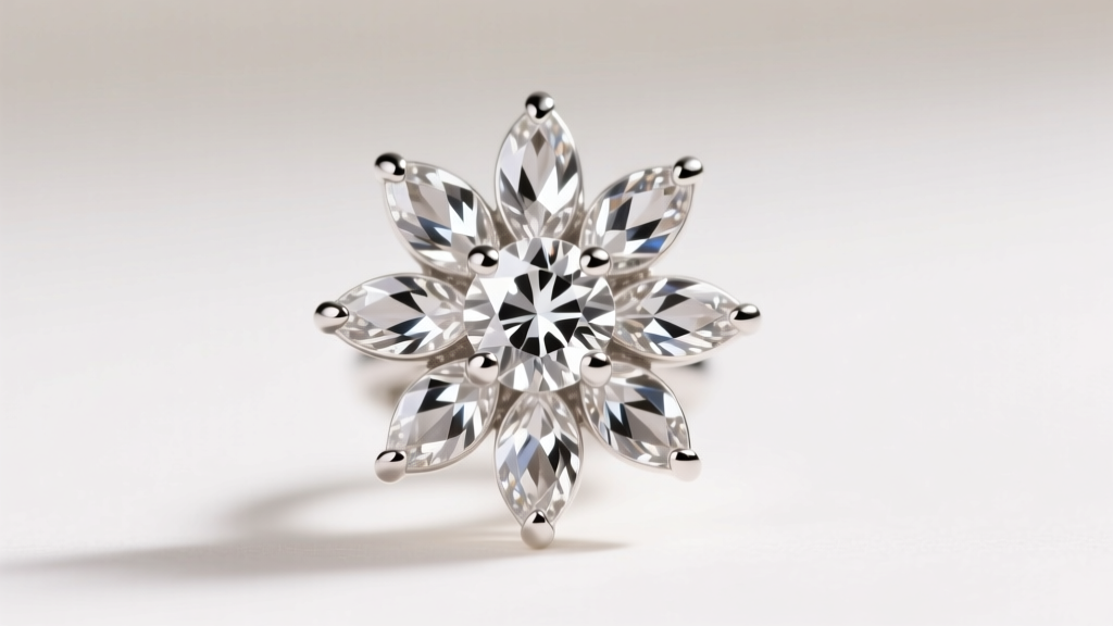 Macro shot of a platinum flower diamond earring with a round brilliant center and six marquise diamond petals in soft light