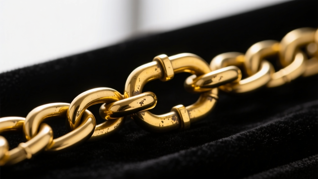 Macro photograph of a gold-plated brass chain link showing wear at the clasp, revealing the yellowish base metal on dark velvet.