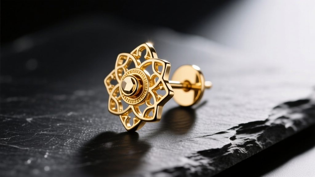Close-up macro shot of a 14k gold sculptural stud earring with a complex locking la pousette back, resting on a dark slate surface.