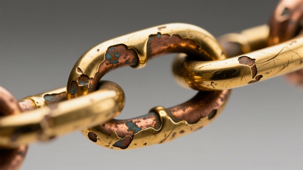 Macro shot of a tarnished gold-plated chain link revealing raw copper-brass base metal underneath, under soft studio lighting.
