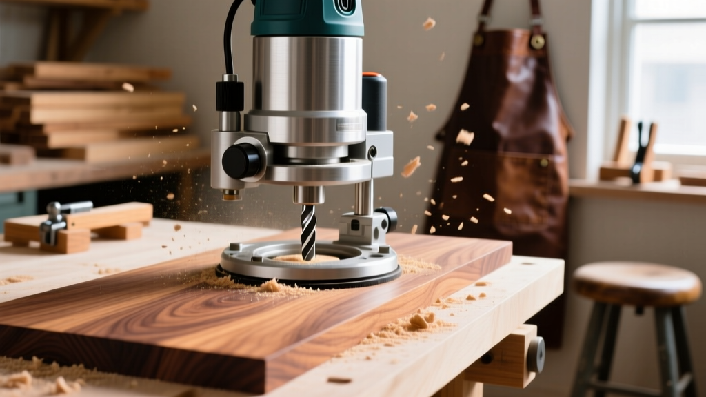 Close-up of a fixed-base wood router with a carbide flush-trim bit shaping a dense walnut board on a professional woodworking bench
