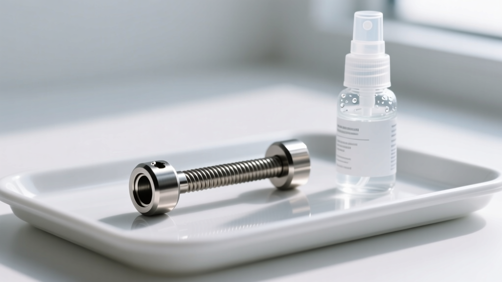 Macro shot of a 14-gauge internally threaded titanium barbell resting on a sterile medical tray next to a saline spray bottle.