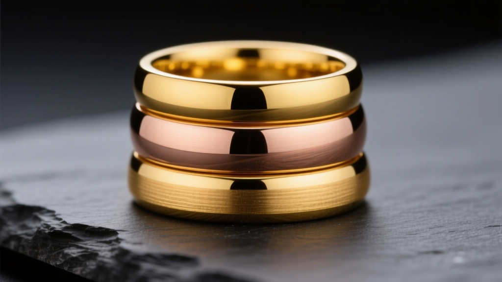 Macro shot of three stacked gold rings in 14k yellow, 18k rose, and 24k pure gold, resting on dark slate under soft studio light