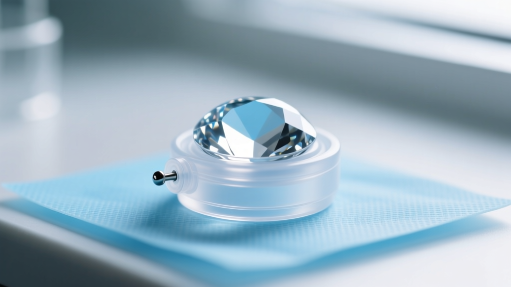 Close-up macro shot of a translucent 16-gauge bioplast ear retainer with a clear glass gem top, resting on a sterile blue pad.
