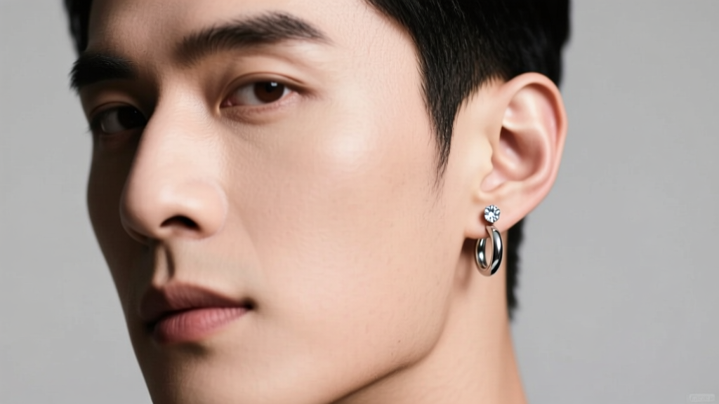 Stylish man with two silver earrings in one ear, a small diamond stud and seamless titanium hoop, under soft studio lighting.