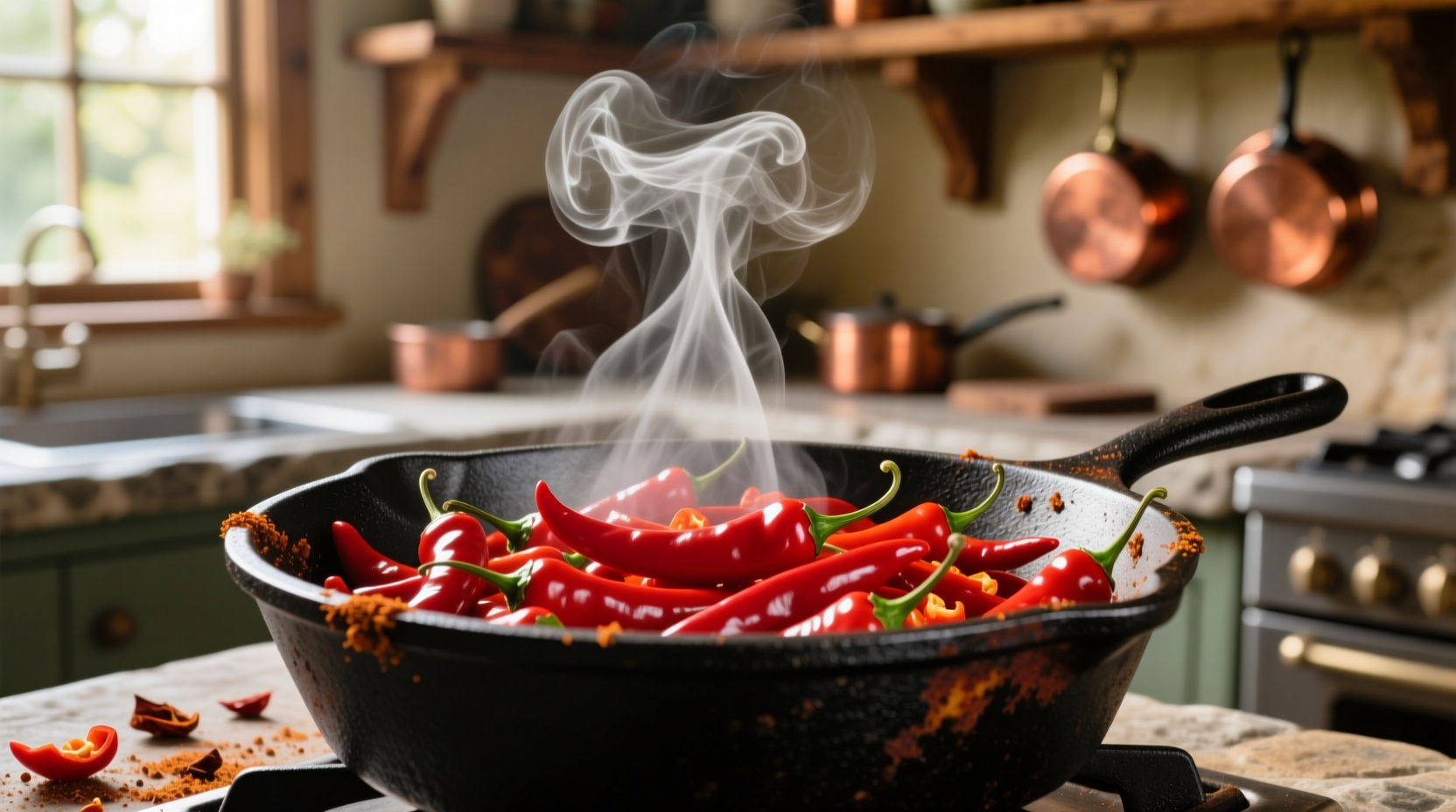 Vibrant red chili in cast iron pot with steam rising