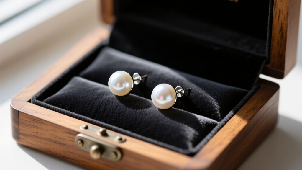 Repaired Akoya pearl stud earrings resting neatly on anti-tarnish treated charcoal velvet cloth inside a wooden jewelry box.