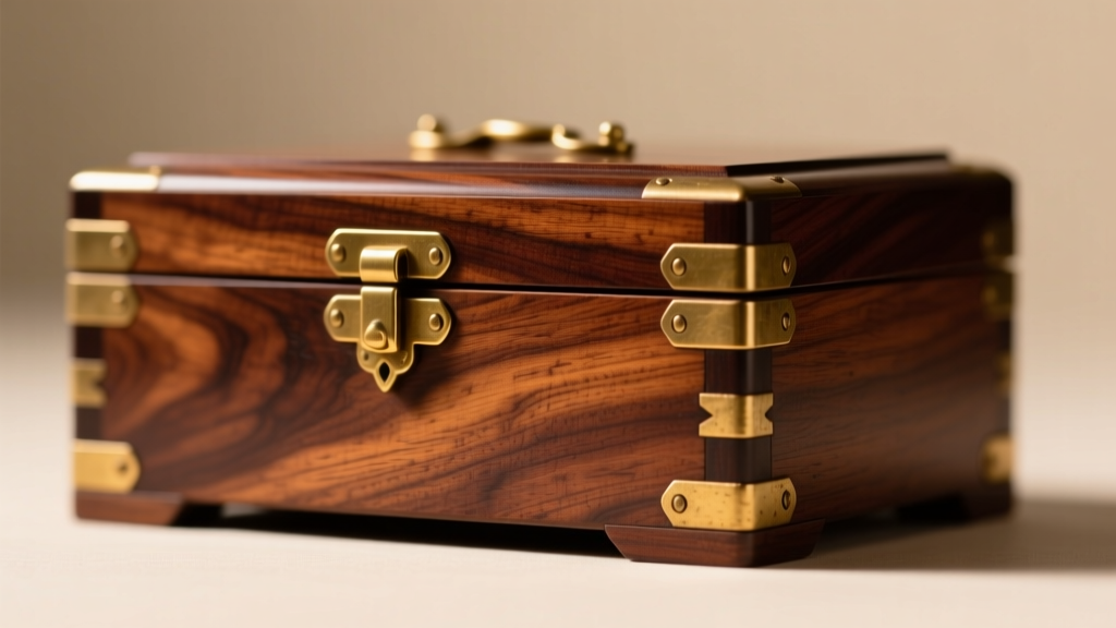 Close-up of polished 19th-century mahogany vintage jewelry box wood grain, featuring hand-cut dovetail joints and brass hinges.