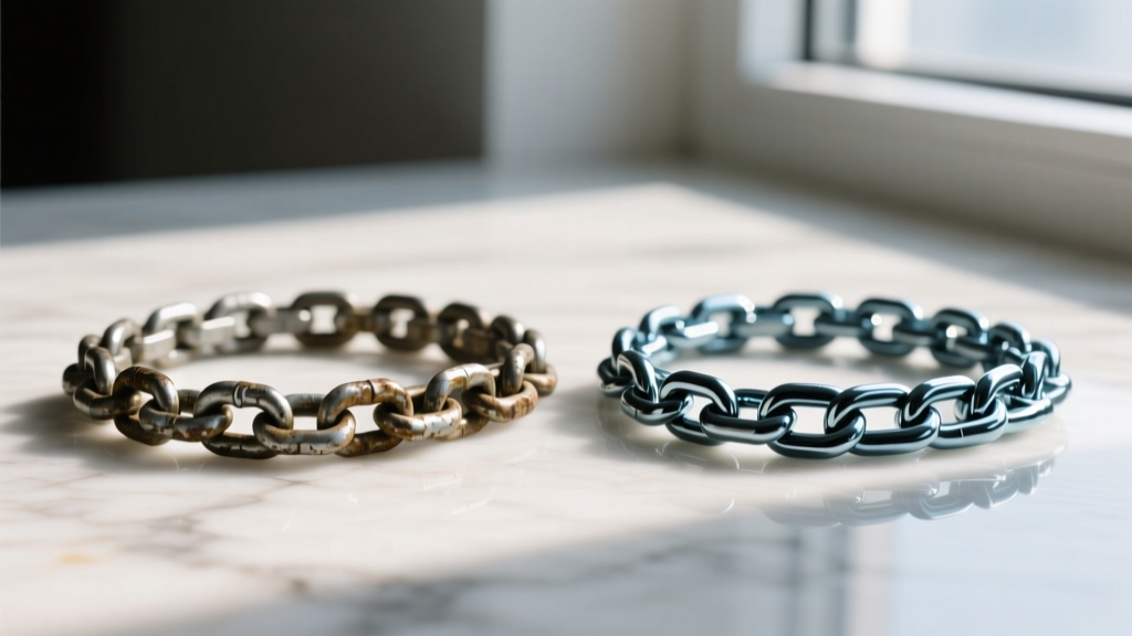 Side-by-side comparison of a tarnished electroplated chain and a pristine YVL PVD-coated chain, showing long-term wear resistance