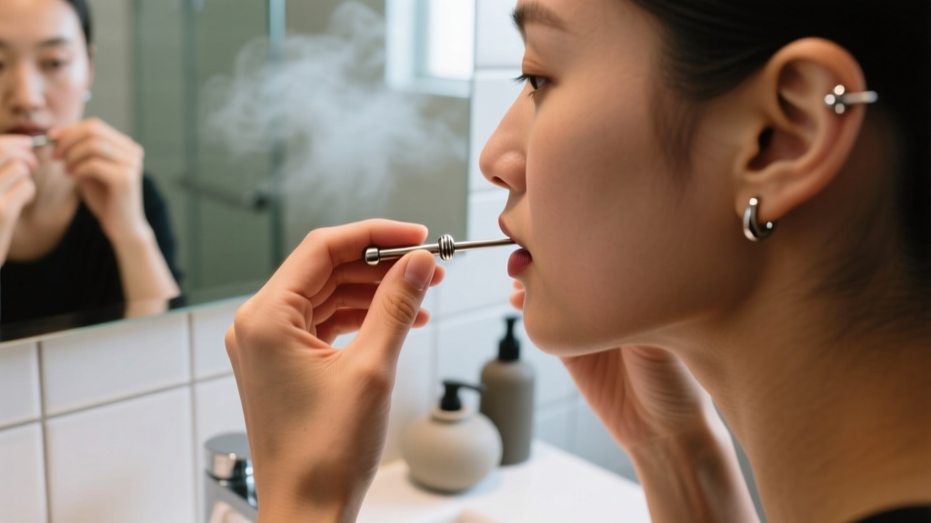 Clean hands inserting a titanium threadless labret into a healed helix cartilage piercing against a softly lit bathroom mirror
