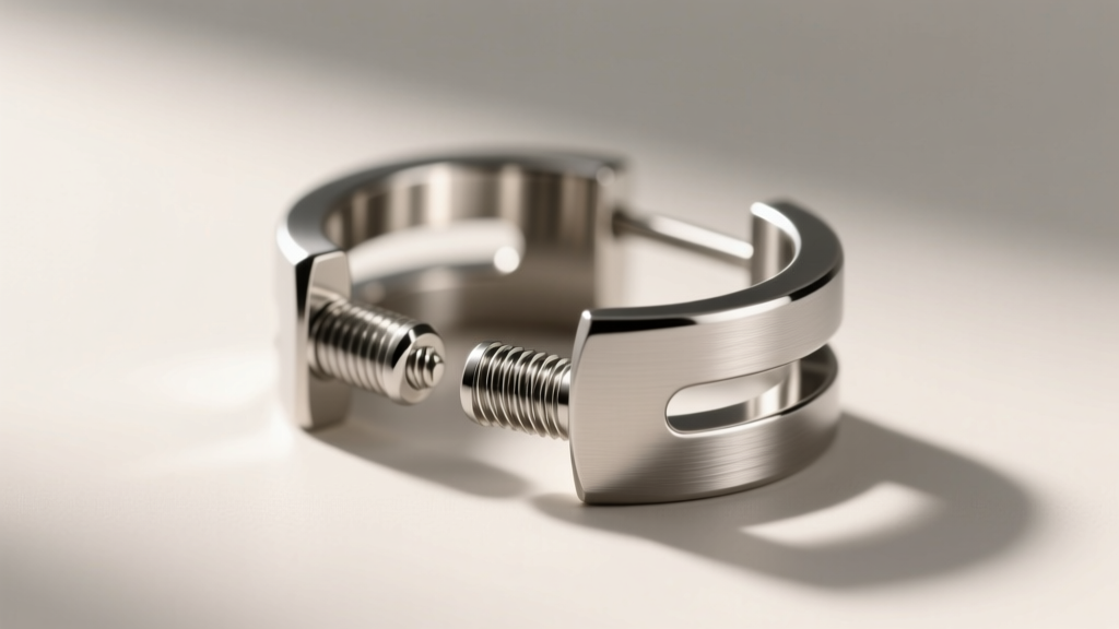 Close-up side profile of 316L steel industrial bolt ear cuffs, showing threaded posts and a brushed matte texture in natural sunlight