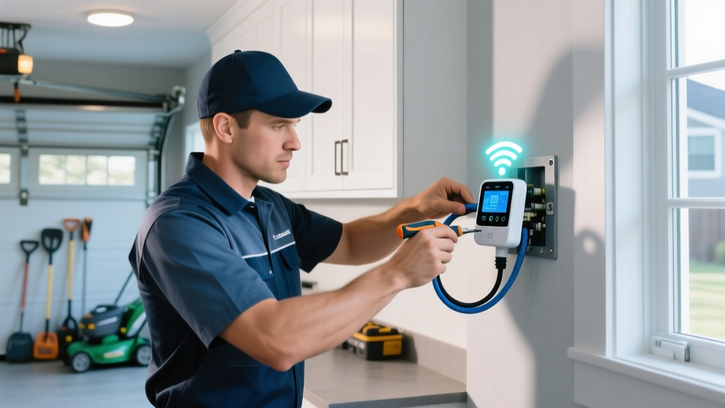 A certified irrigation technician wiring a Wi-Fi-enabled smart sprinkler controller into a residential garage utility panel.