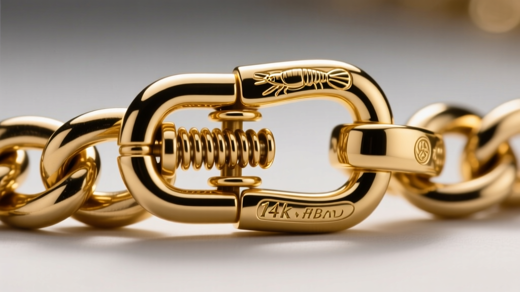 Extreme close-up of a heavy-duty 14k gold lobster clasp attached to a thick curb chain, highlighting the spring mechanism detail