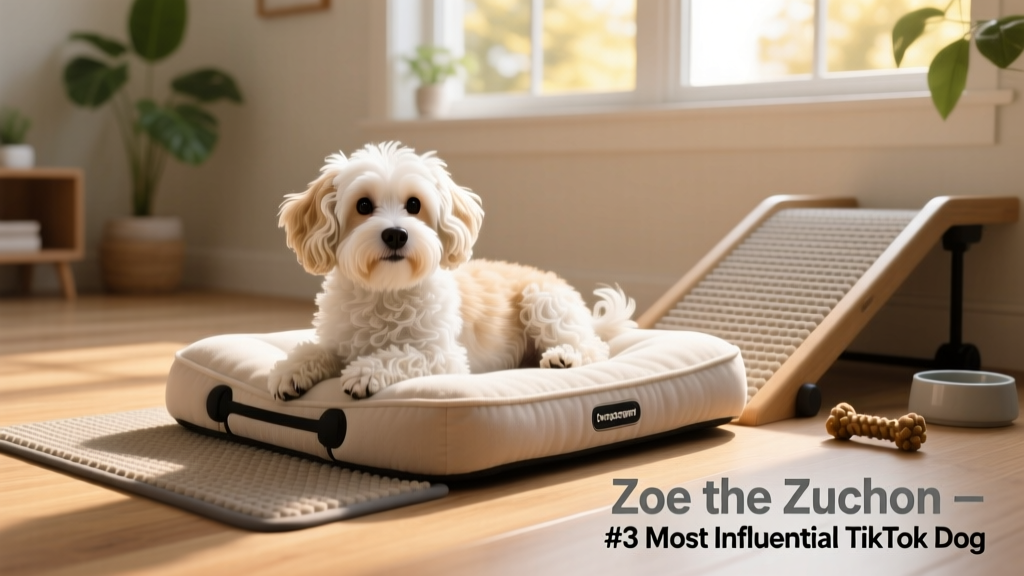 Zoe the Zuchon resting comfortably on an orthopedic dog bed beside supportive ramps and non-slip floor mats