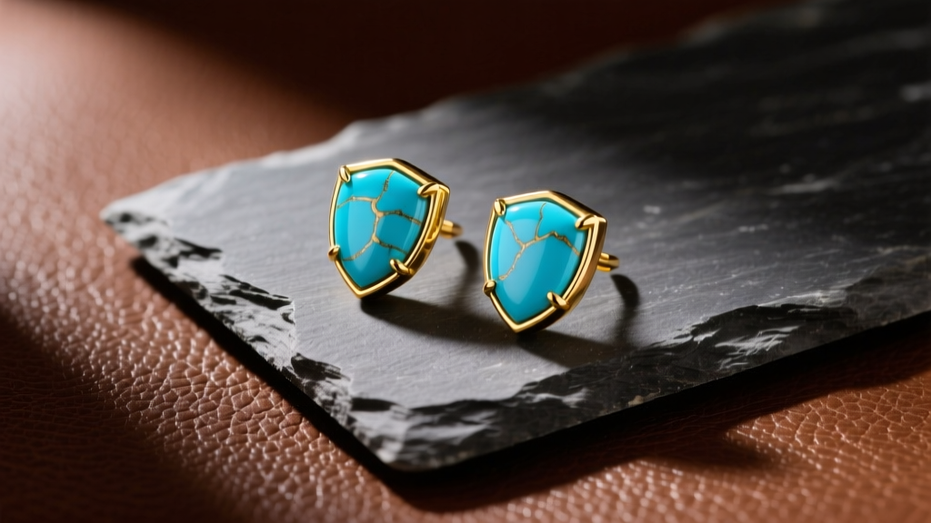 Flat lay gift box with Kingman turquoise shield earrings set in 14k yellow gold, resting on dark brown leather and slate stone.