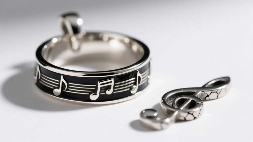 Macro shot comparing a 925 sterling silver music band pendant with deep black enamel against a cheap, faded zinc alloy replica