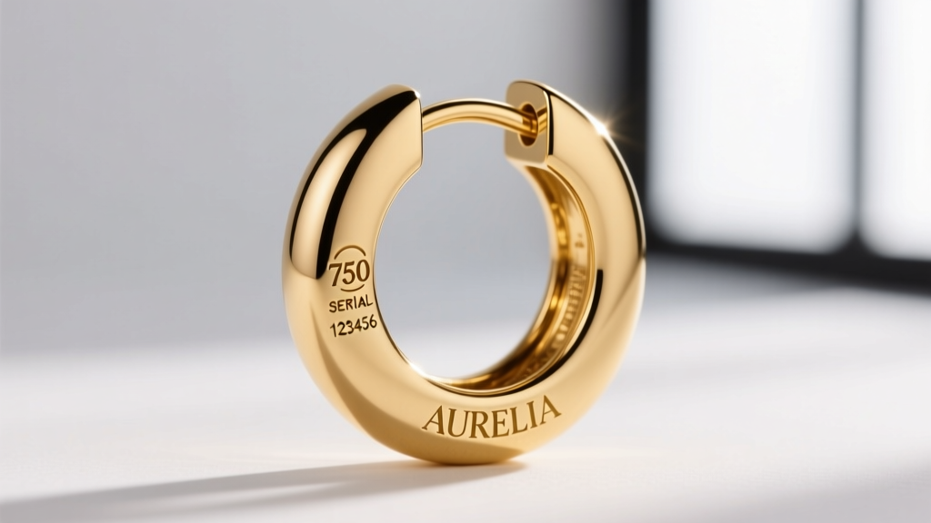 Extreme close-up of a luxury hoop earring post, revealing the laser-engraved 750 hallmark, serial number, and crisp brand logo.