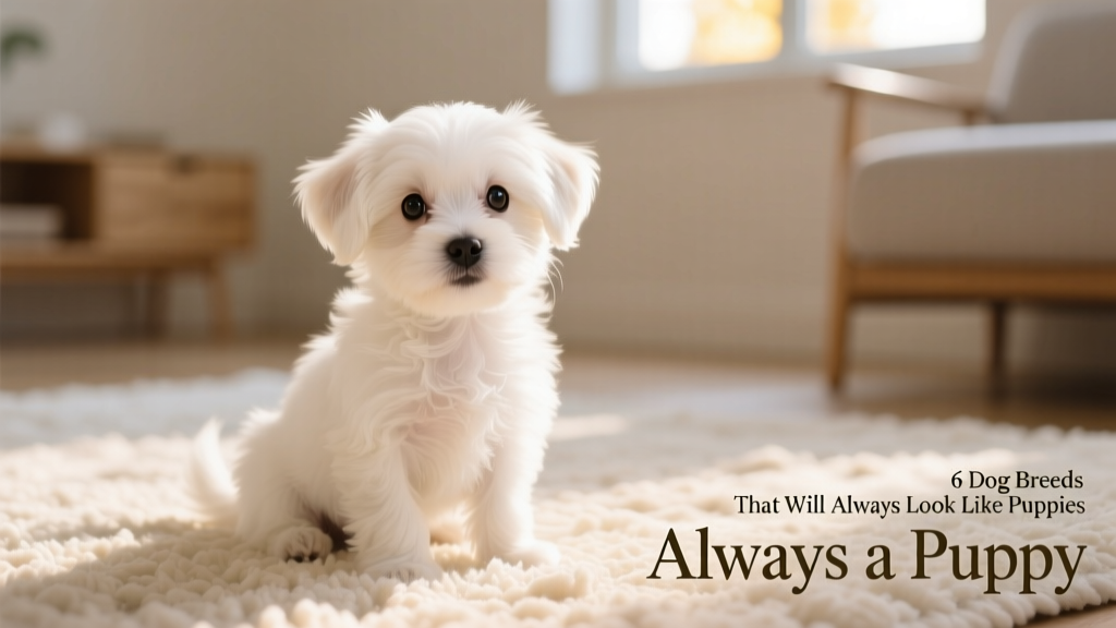 A white Maltese puppy sitting on a soft rug, head tilted with curious expression