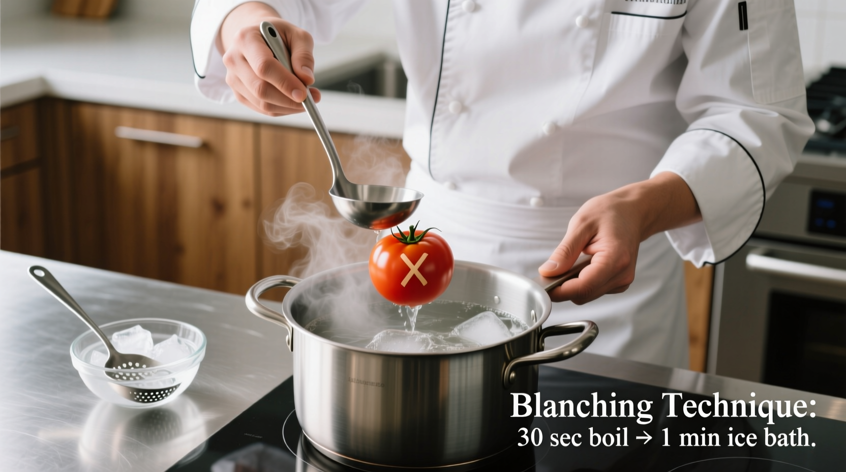 Chef demonstrating tomato blanching technique