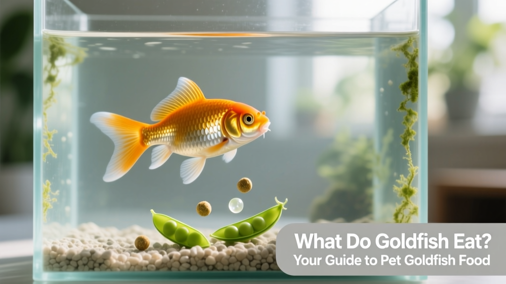 A healthy goldfish swimming near sinking pellets and blanched peas in a clean aquarium