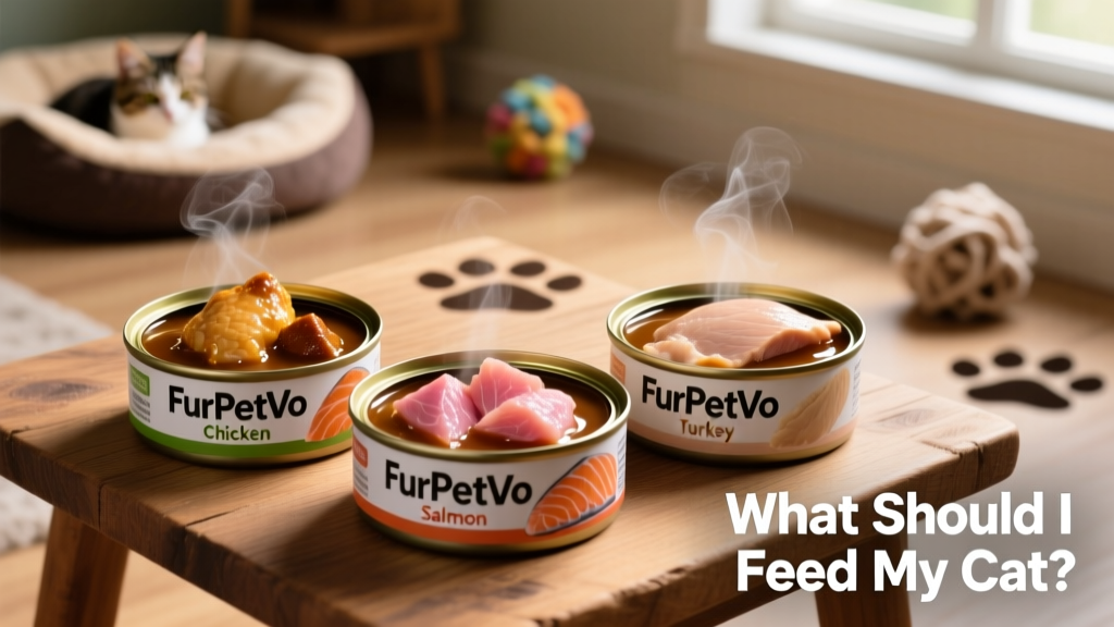 Three open cans of different FurPetVo wet food varieties—chicken, salmon, and turkey—with visible meat chunks and rich gravy