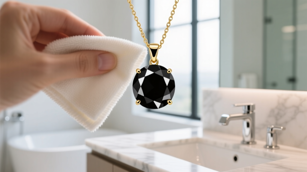 Soft microfiber cloth wiping a black diamond and 14k gold pendant, avoiding harsh chemicals in a bright, clean modern bathroom.