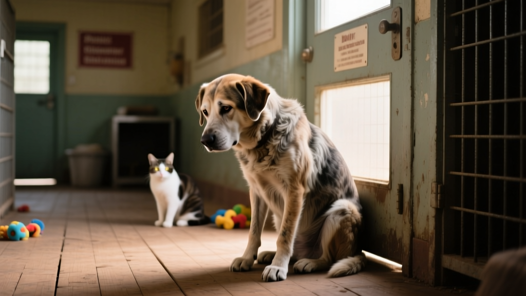 A senior dog sitting quietly near shelter doors, head lowered, looking hopeful and sad